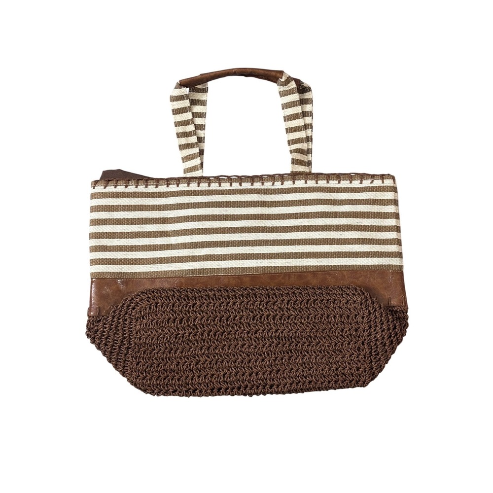 Boho Striped Woven Tote Bag with Leather Trim